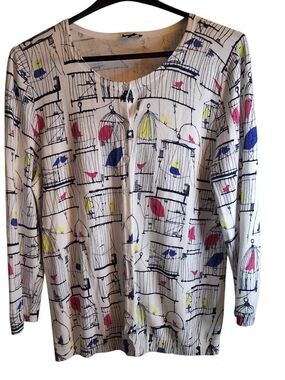 Talbots White Cardigan with Blue Linework and Pink & Yellow Birds L